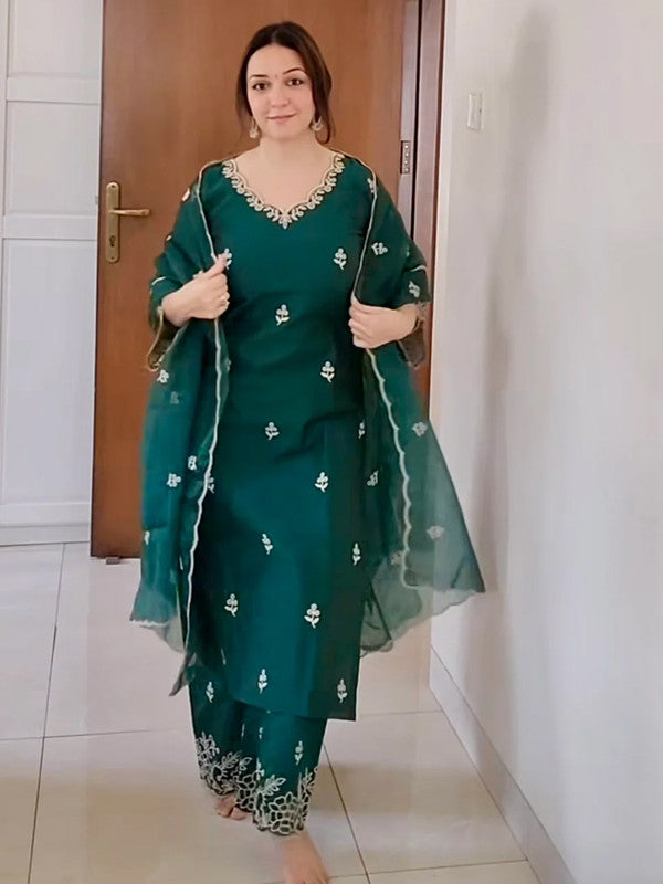 Malishka Women's Viscose silk Floral Embroidered Straight Kurta Palazzo With Dupatta - Green - Distacart