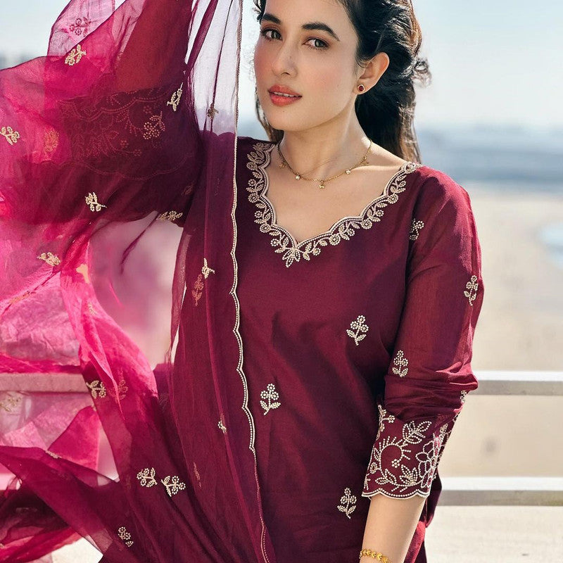 Malishka Women's Viscose silk Embroidered Straight Kurta Pant With Dupatta - Wine