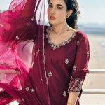 Thumbnail for Malishka Women's Viscose silk Embroidered Straight Kurta Pant With Dupatta - Wine