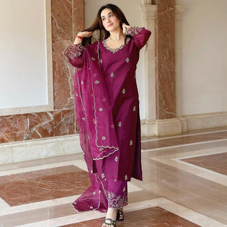 Malishka Women's Viscose silk Embroidered Straight Kurta Pant With Dupatta - Wine - Distacart