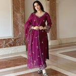 Thumbnail for Malishka Women's Viscose silk Embroidered Straight Kurta Pant With Dupatta - Wine