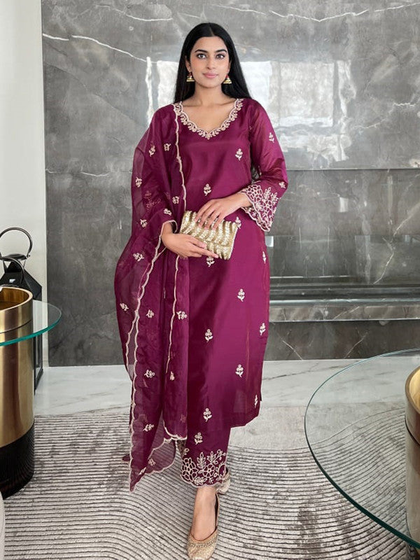 Malishka Women's Viscose silk Embroidered Straight Kurta Pant With Dupatta - Wine