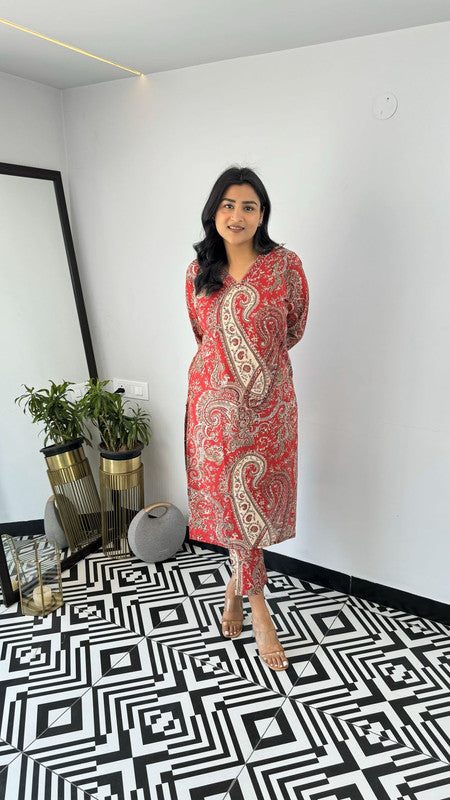 Malishka Women's Viscose Floral Printed Straight Kurta Set With Pant - Red - Distacart