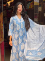 Thumbnail for Malishka Women's Viscose Printed Straight Kurta Pant With Dupatta - Sky Blue - Distacart