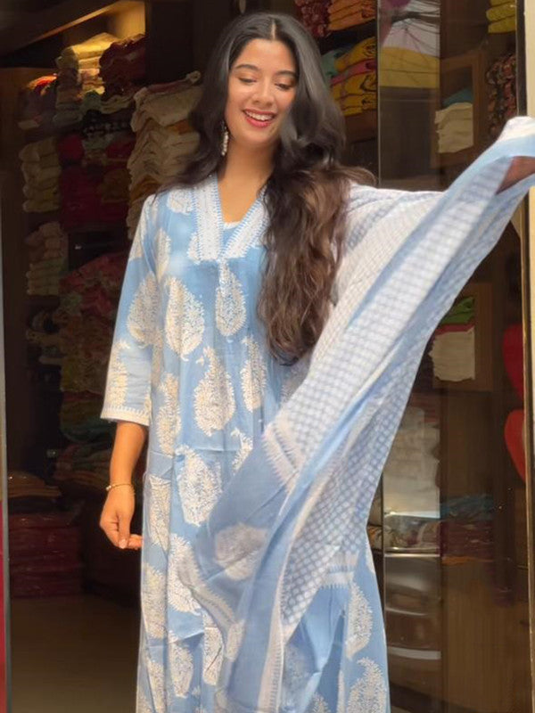 Malishka Women's Viscose Printed Straight Kurta Pant With Dupatta - Sky Blue - Distacart