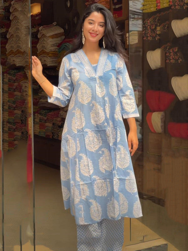 Malishka Women's Viscose Printed Straight Kurta Pant With Dupatta - Sky Blue - Distacart