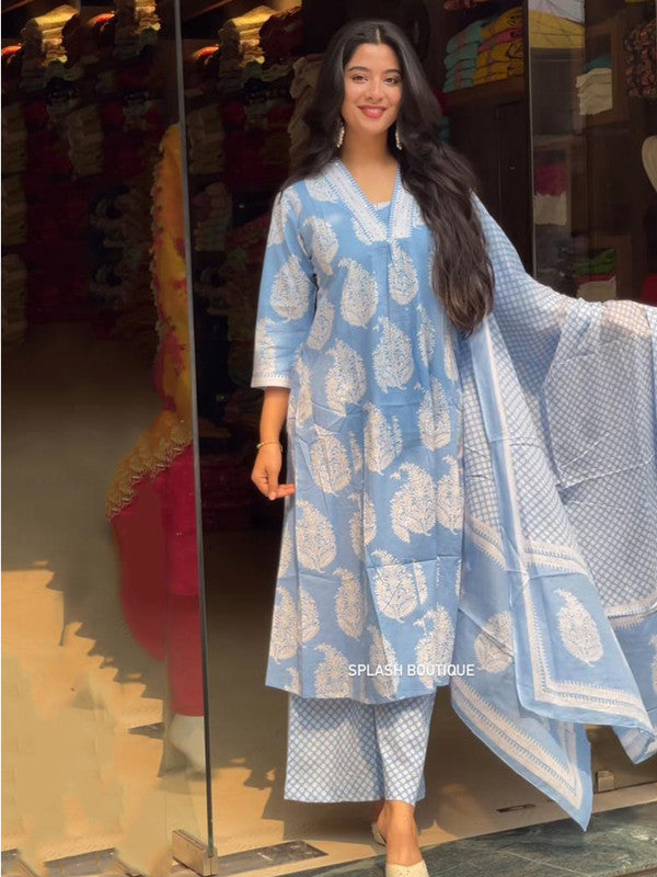 Malishka Women's Viscose Printed Straight Kurta Pant With Dupatta - Sky Blue - Distacart