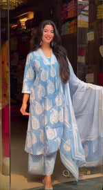 Thumbnail for Malishka Women's Viscose Printed Straight Kurta Pant With Dupatta - Sky Blue - Distacart