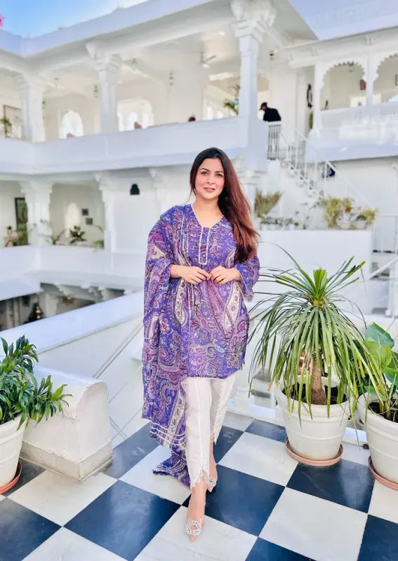 Malishka Women's Viscose Printed Straight Kurta Pant With Dupatta - Purple