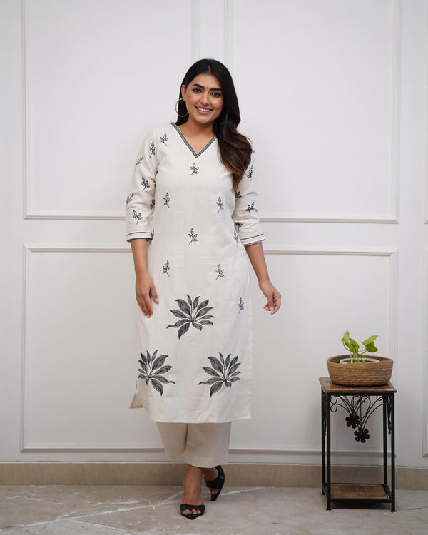 Malishka Women's Viscose Floral Embroidered Straight Kurta Set With Pant - White