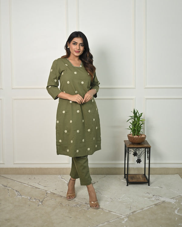 Malishka Women's Cotton Floral Embroidered Straight Kurta Set With Pant - Mehndi Green - Distacart