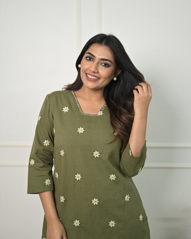 Malishka Women's Cotton Floral Embroidered Straight Kurta Set With Pant - Mehndi Green - Distacart