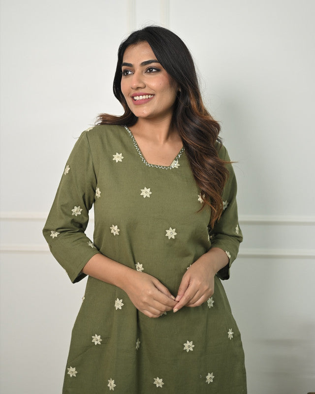 Malishka Women's Cotton Floral Embroidered Straight Kurta Set With Pant - Mehndi Green - Distacart