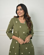 Thumbnail for Malishka Women's Cotton Floral Embroidered Straight Kurta Set With Pant - Mehndi Green - Distacart