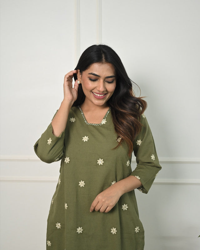 Malishka Women's Cotton Floral Embroidered Straight Kurta Set With Pant - Mehndi Green - Distacart