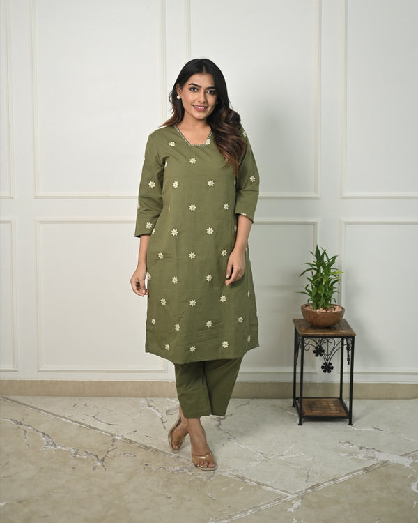 Malishka Women's Cotton Floral Embroidered Straight Kurta Set With Pant - Mehndi Green - Distacart