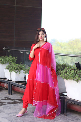 Malishka Women's Viscose Embroidered Angarkha Kurta Pant With Dupatta - Red - Distacart