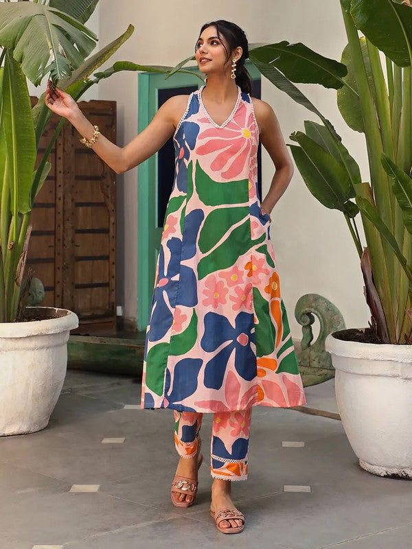 Malishka Women's Pink Viscose Floral Printed Anarkali Kurta With Pant Set - Pink & Green - Distacart