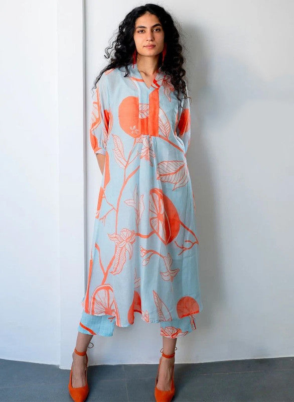 Malishka Women's Sky Blue Viscose Floral Printed Flared Kurta With Pant Set - Sky Blue & Orange - Distacart