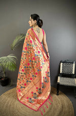 Thumbnail for Joban Fashion Pastel Red Mughal-Inspired Motifs Soft Silk Paithani Saree - Distacart