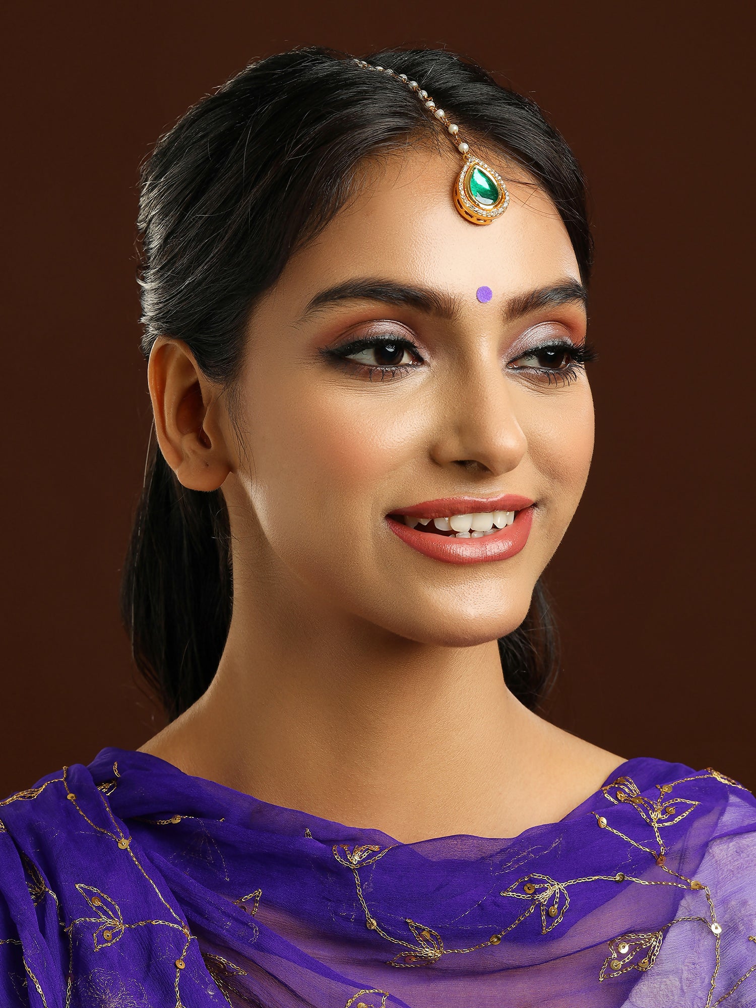 Ruby Raang Tear Drop Green Meenakari with Diamond Maang Tikka