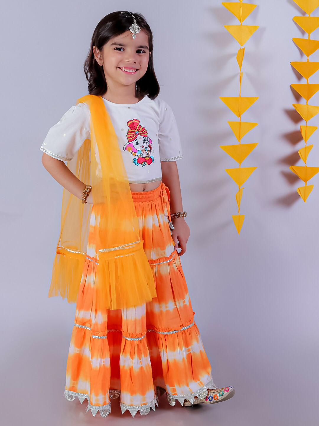 Lil Drama Janmashtami Girls Orange Lehanga and White Choli with Dupatta Ethnic Set - Distacart