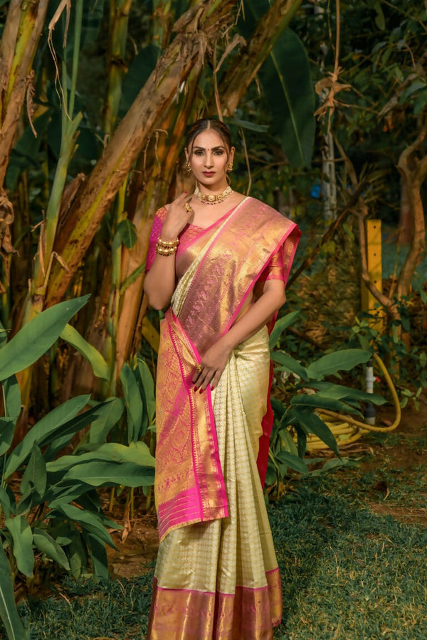 Jyoti Fashion Women's Off White Kanjivaram Silk Zari Woven Saree with Blouse - Distacart