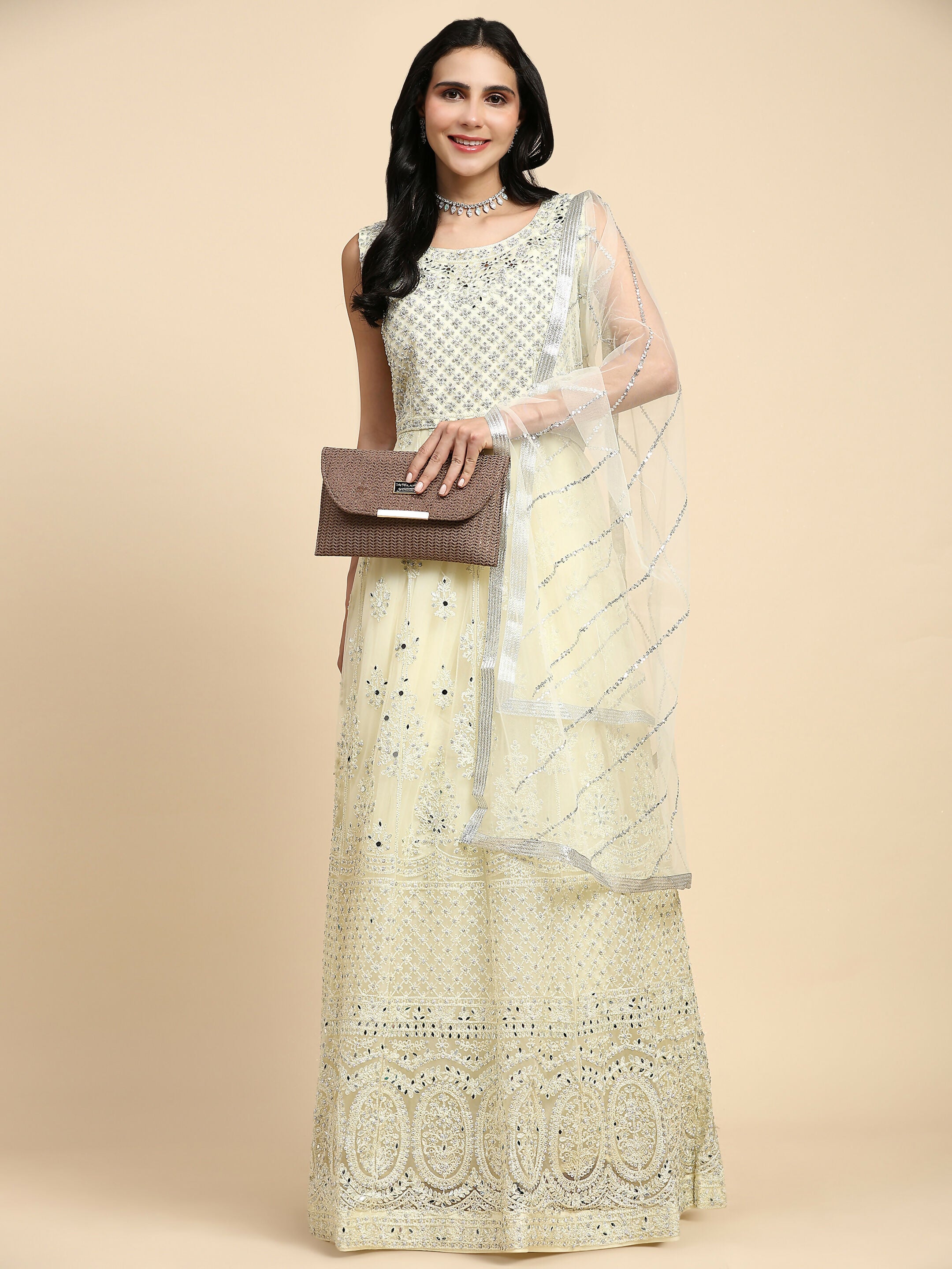Yellow Net Hand Embroidered Gown - Rudrani - Distacart