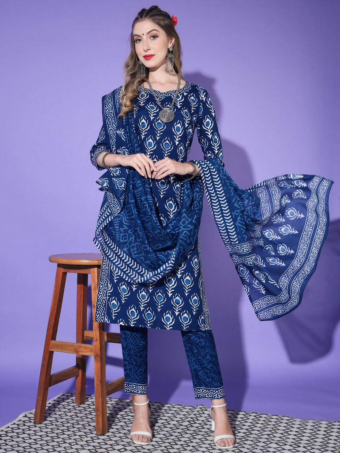 Vamika Poly Rayon Printed Royal Blue Party Wear/Casual Wear/Office Wear Kurta Set/Suit - Distacart