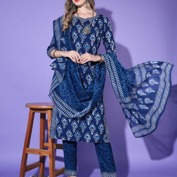 Vamika Poly Rayon Printed Royal Blue Party Wear/Casual Wear/Office Wear Kurta Set/Suit - Distacart