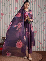 Thumbnail for Ode by House of Pataudi Floral Printed Gotta Patti Anarkali Kurta with Trousers & Dupatta - Distacart