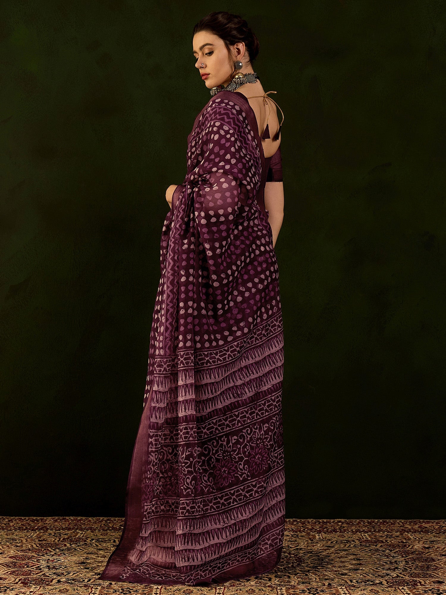 NOZ2TOZ Women's Cotton Linen Magenta Printed Designer Saree With Blouse Piece - Distacart