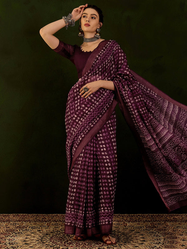 NOZ2TOZ Women's Cotton Linen Magenta Printed Designer Saree With Blouse Piece - Distacart