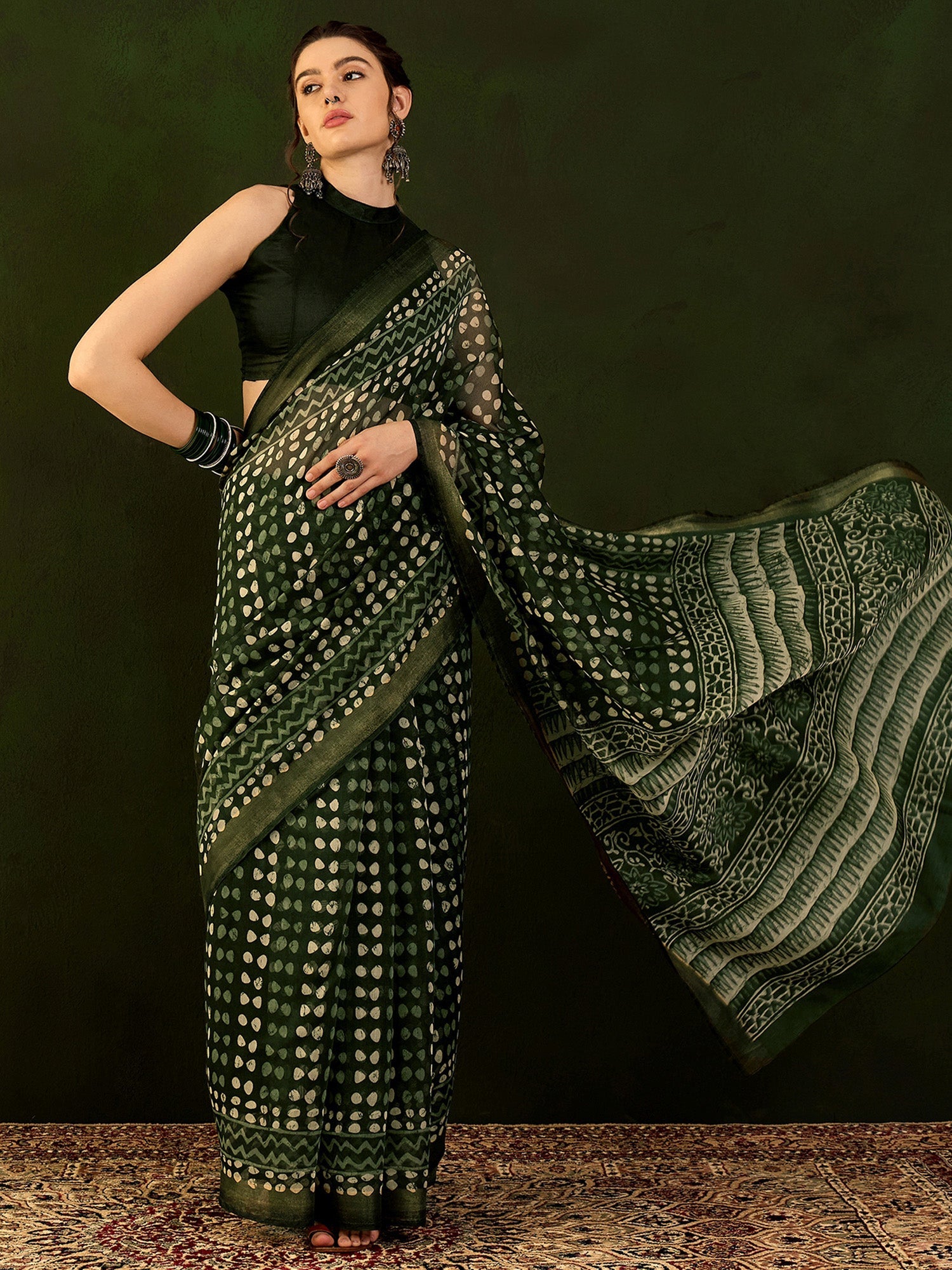NOZ2TOZ Women's Cotton Linen Green Printed Designer Saree With Blouse Piece - Distacart