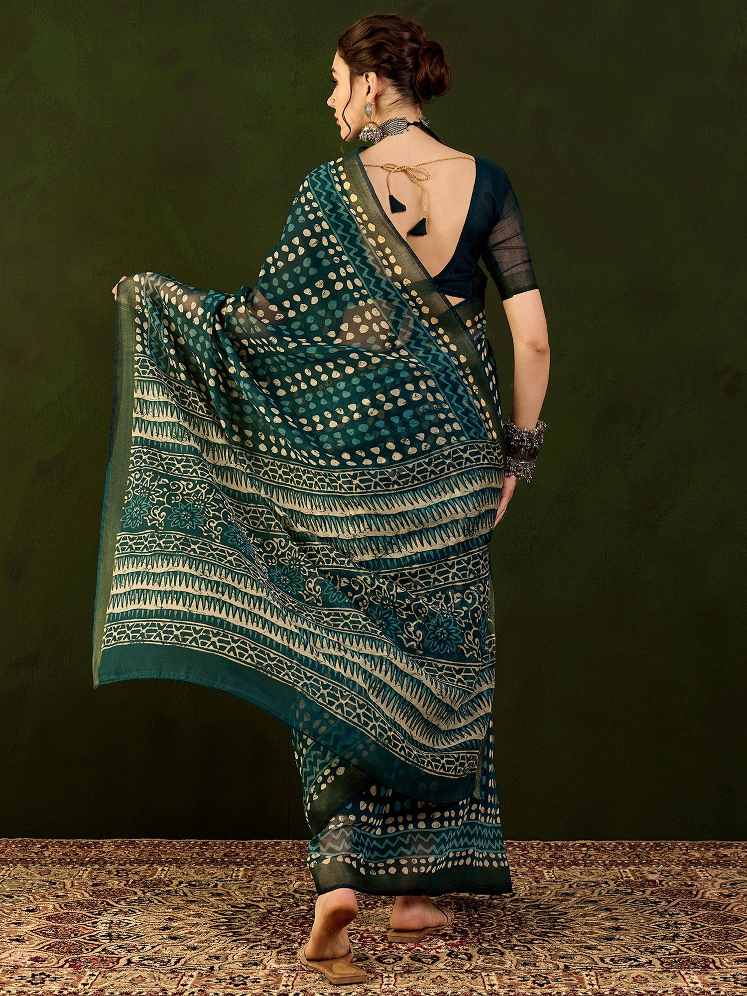 NOZ2TOZ Women's Cotton Linen Teal blue Printed Designer Saree With Blouse Piece - Distacart