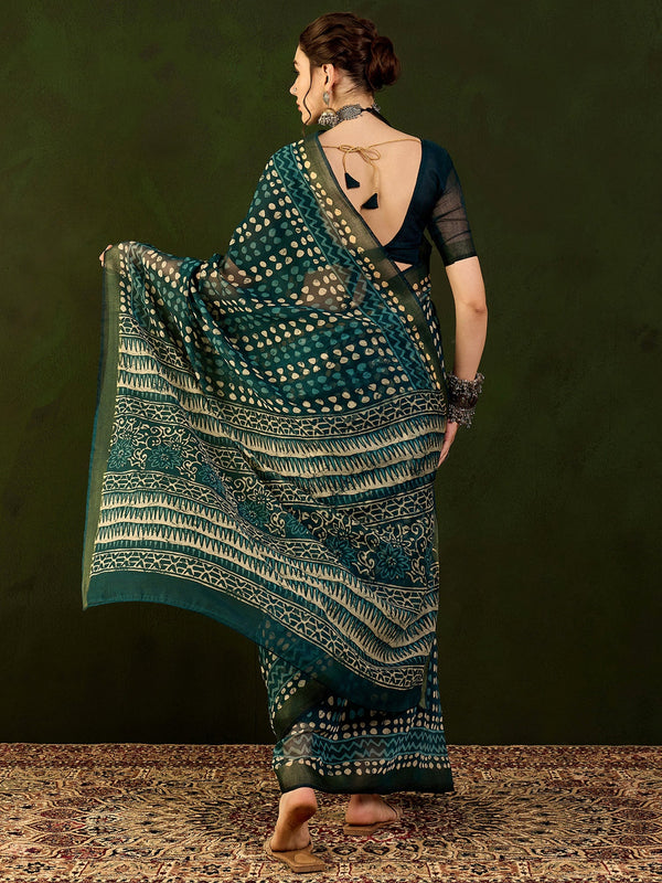 NOZ2TOZ Women's Cotton Linen Teal blue Printed Designer Saree With Blouse Piece - Distacart