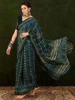 Thumbnail for NOZ2TOZ Women's Cotton Linen Teal blue Printed Designer Saree With Blouse Piece - Distacart