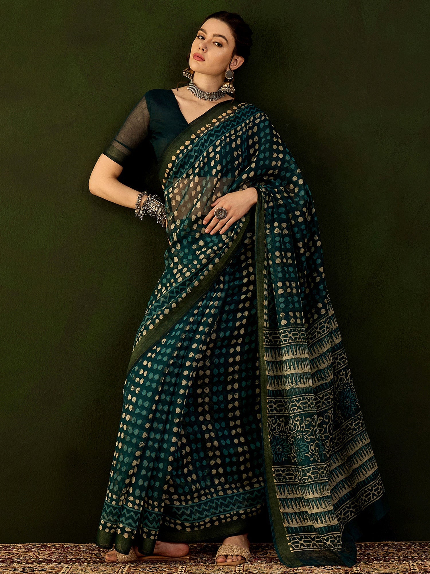 NOZ2TOZ Women's Cotton Linen Teal blue Printed Designer Saree With Blouse Piece - Distacart