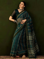 Thumbnail for NOZ2TOZ Women's Cotton Linen Teal blue Printed Designer Saree With Blouse Piece - Distacart