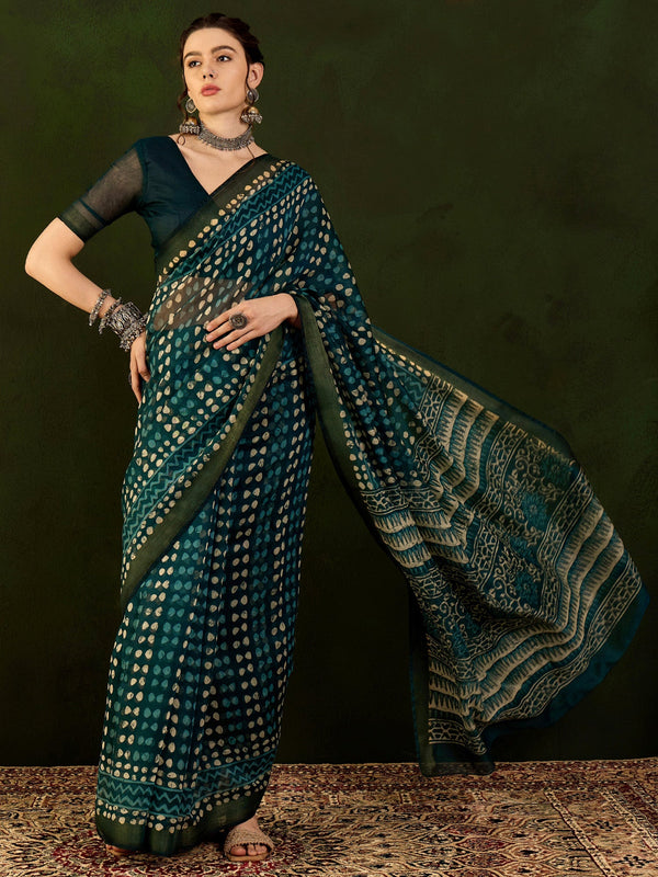 NOZ2TOZ Women's Cotton Linen Teal blue Printed Designer Saree With Blouse Piece - Distacart