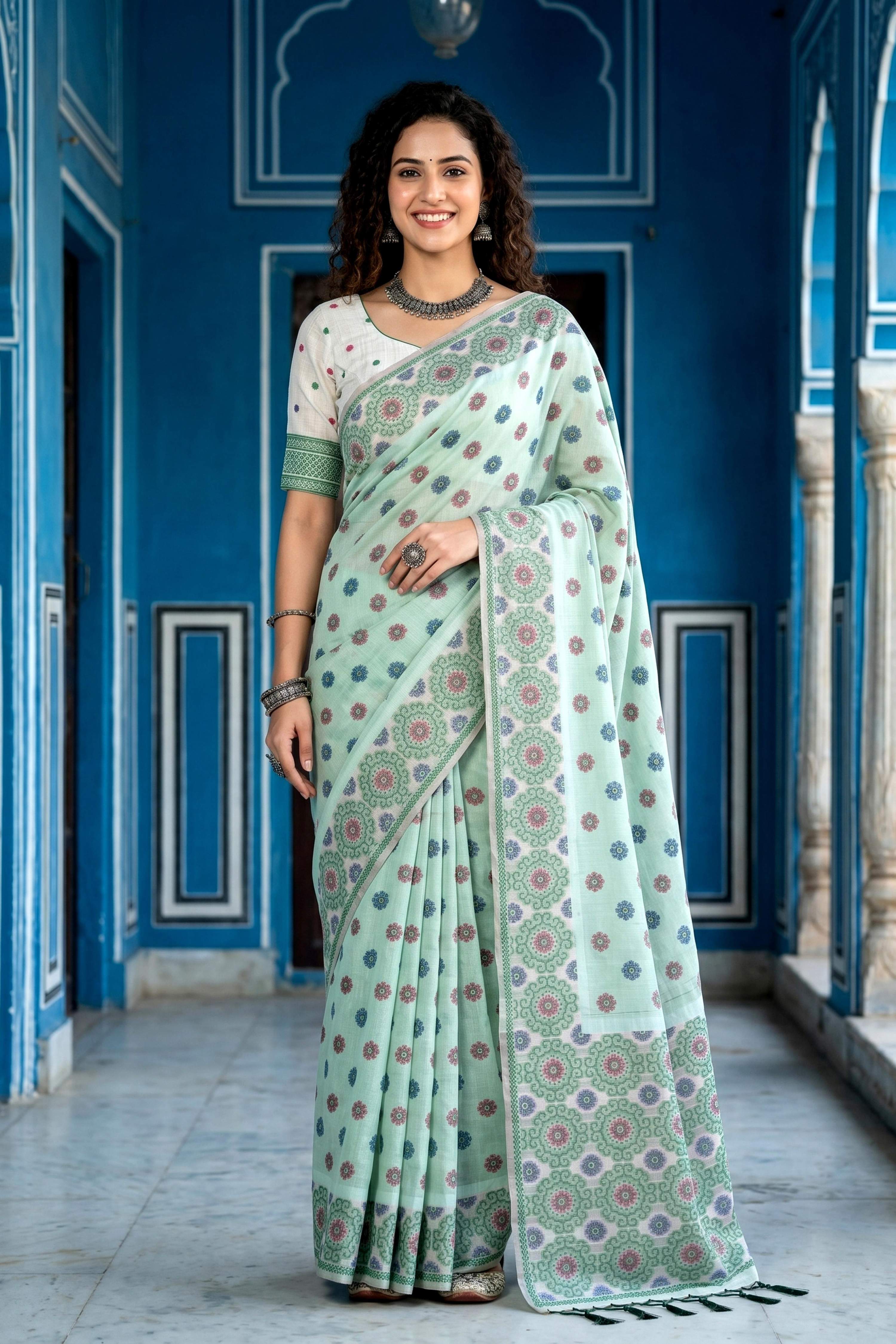 Sangam Prints Pastel Mint Green Cotton Blend Woven Work Traditional Saree - Dista