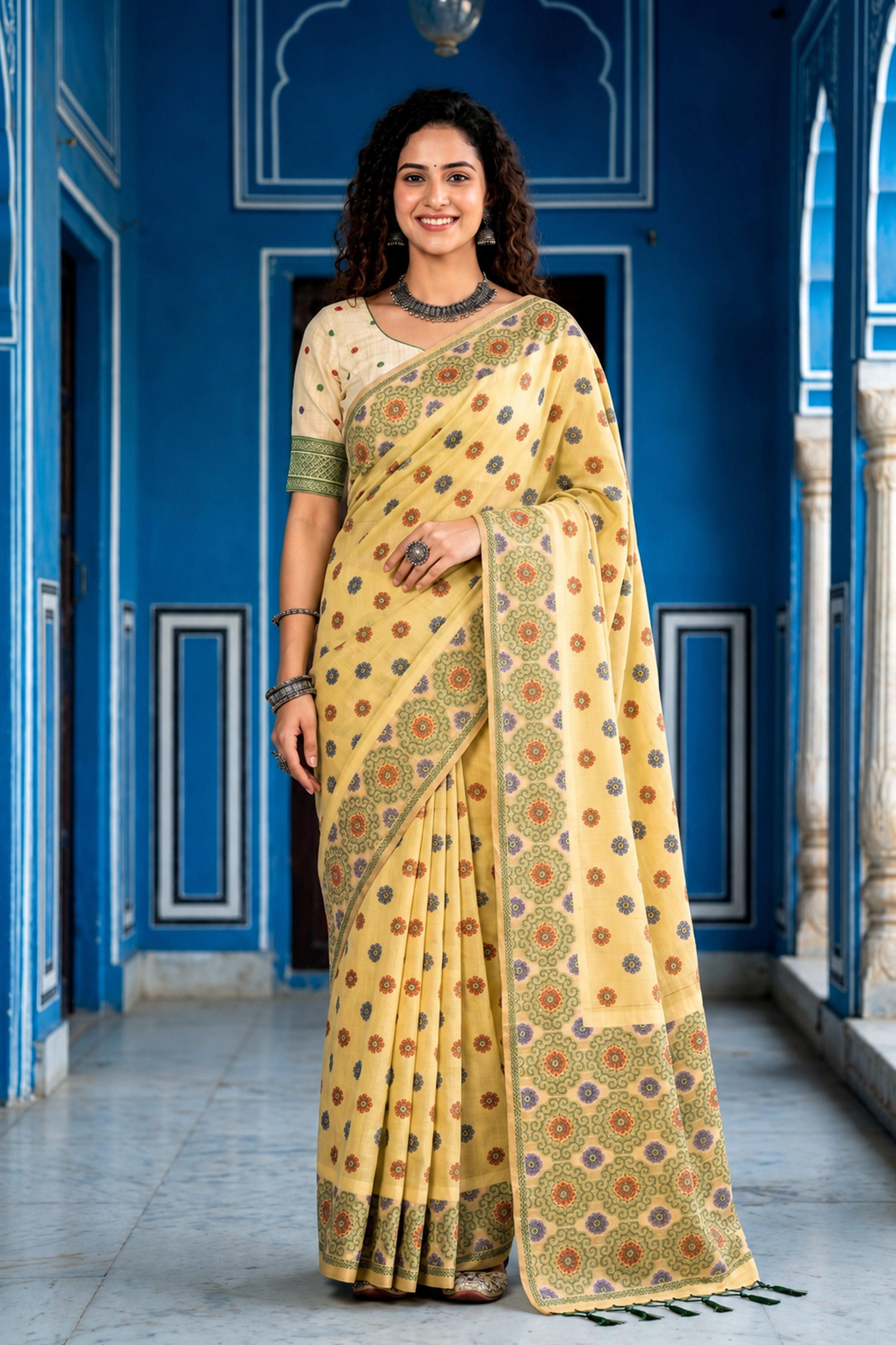 Sangam Prints Lemon Yellow Cotton Blend Woven Work Traditional Saree - Dista