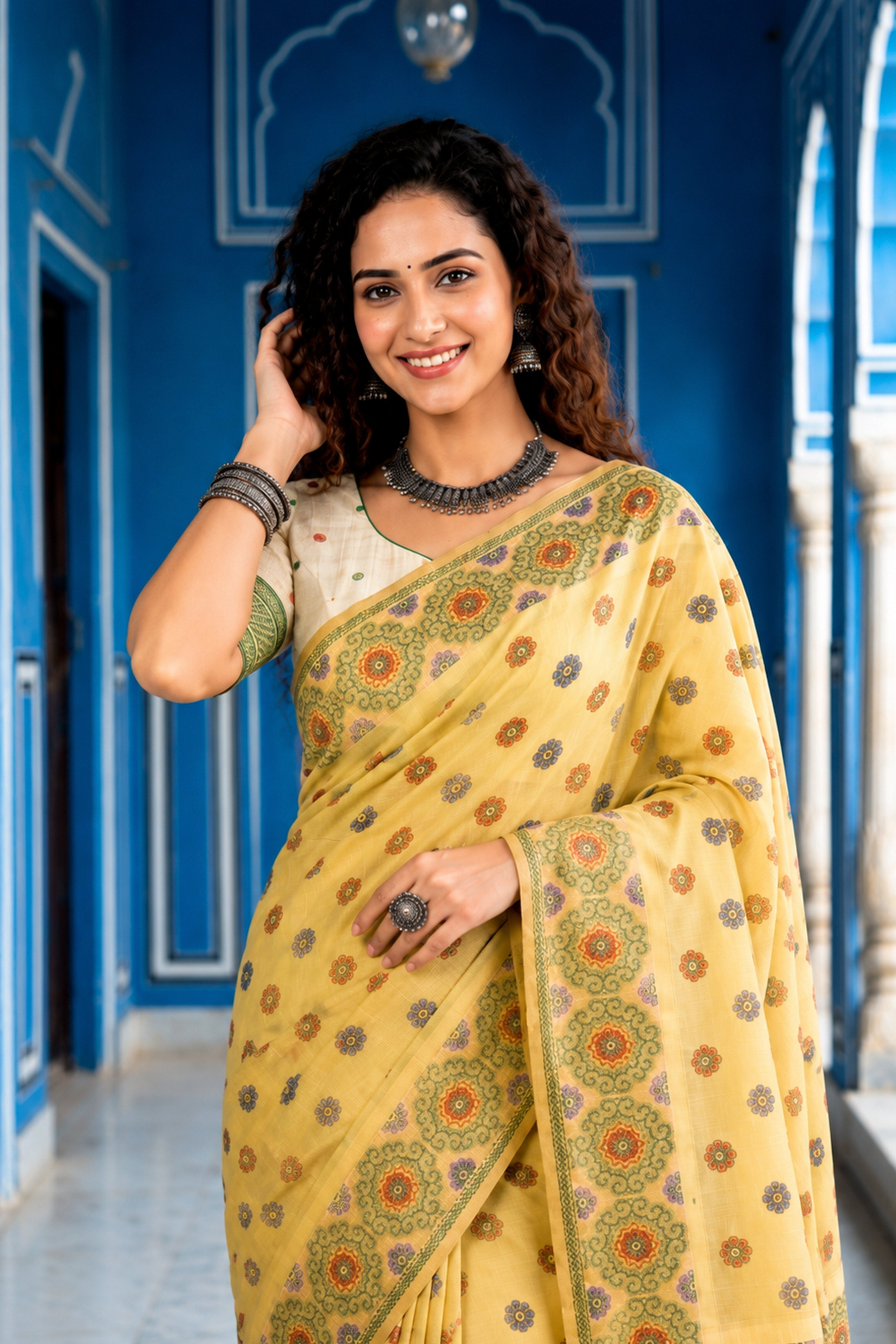 Sangam Prints Lemon Yellow Cotton Blend Woven Work Traditional Saree - Dista