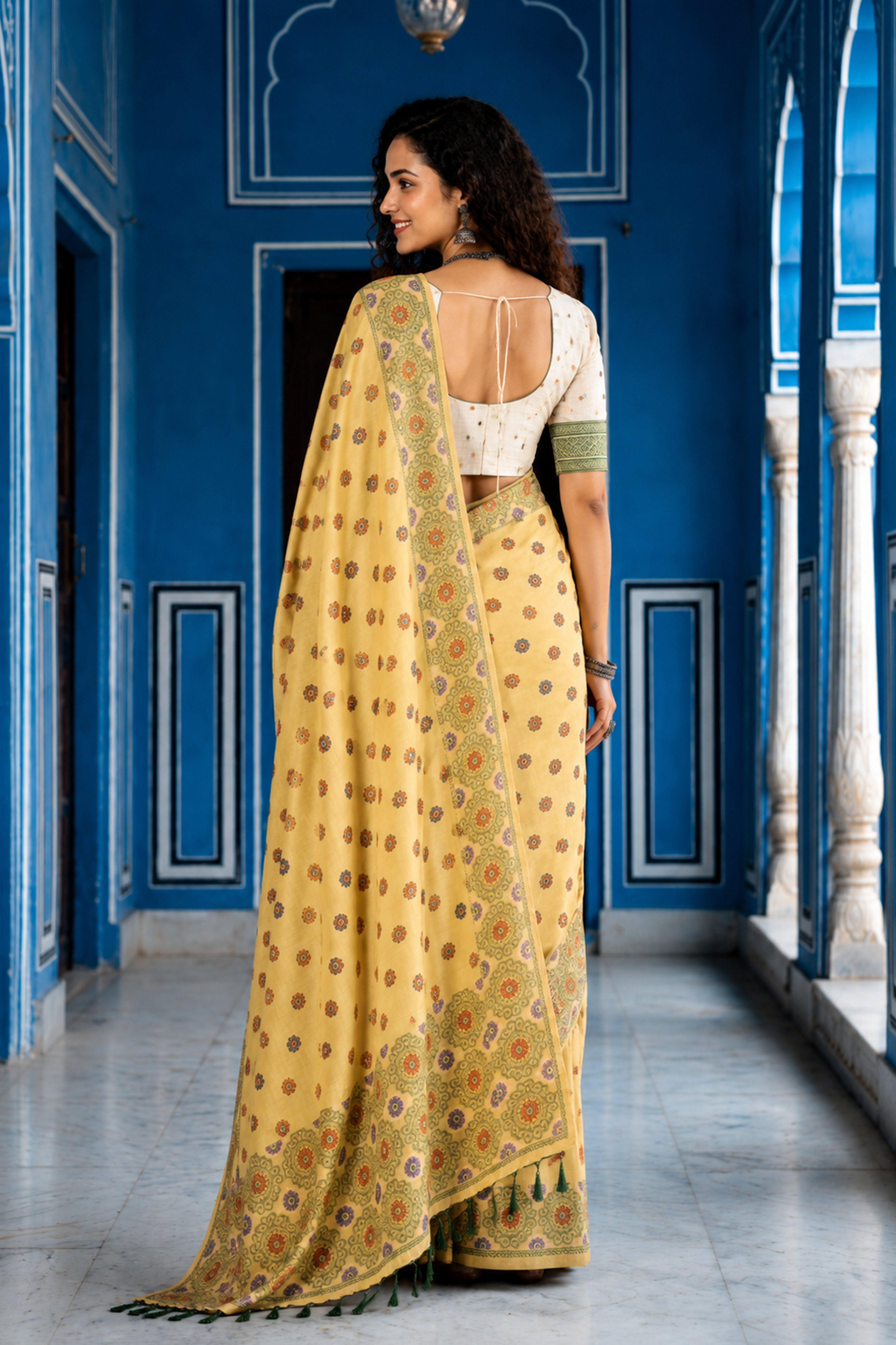 Sangam Prints Lemon Yellow Cotton Blend Woven Work Traditional Saree - Dista
