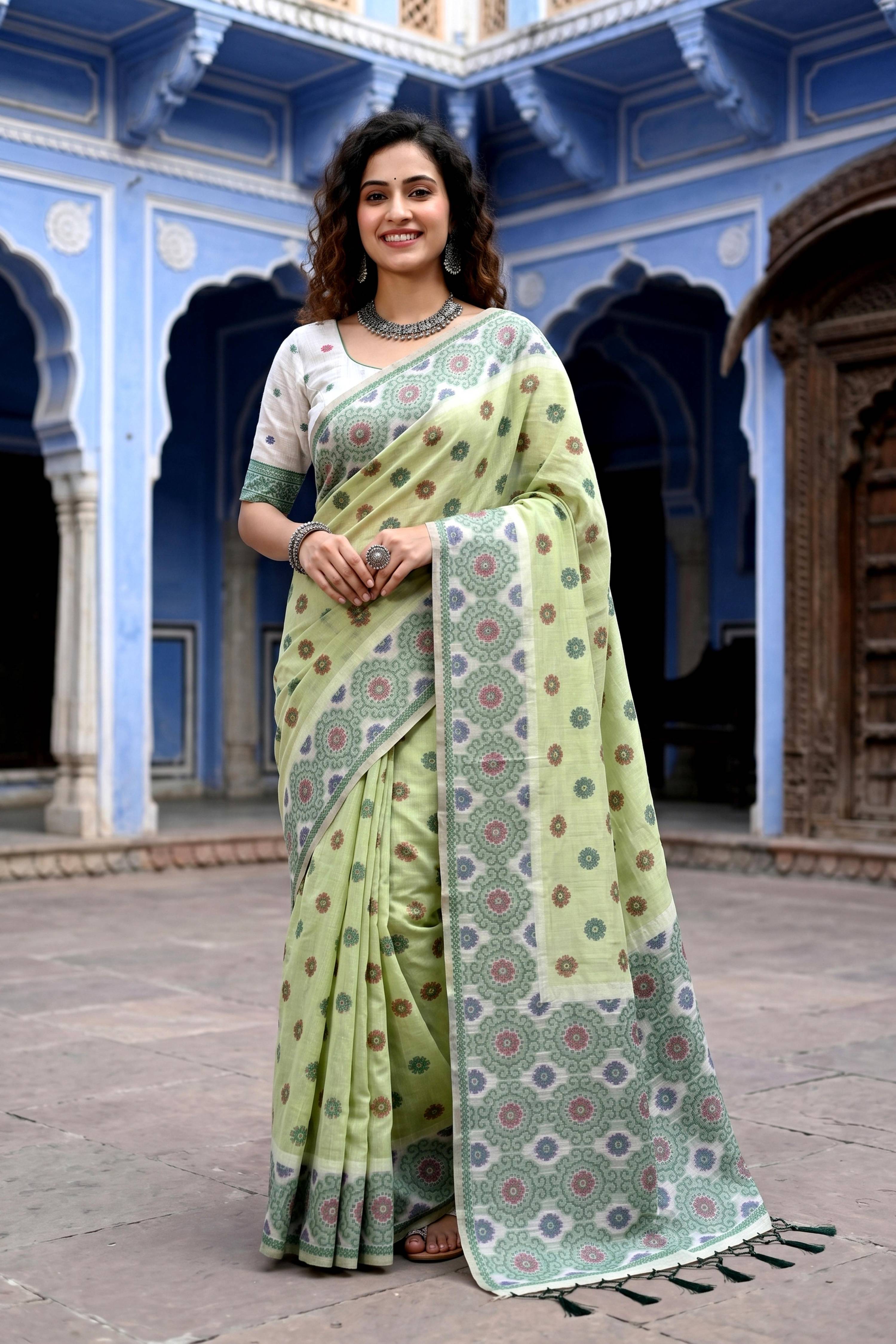 Sangam Prints Pastel Green Cotton Blend Woven Work Traditional Saree - Dista