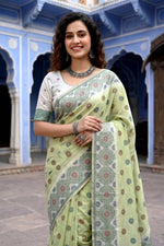 Thumbnail for Sangam Prints Pastel Green Cotton Blend Woven Work Traditional Saree - Dista