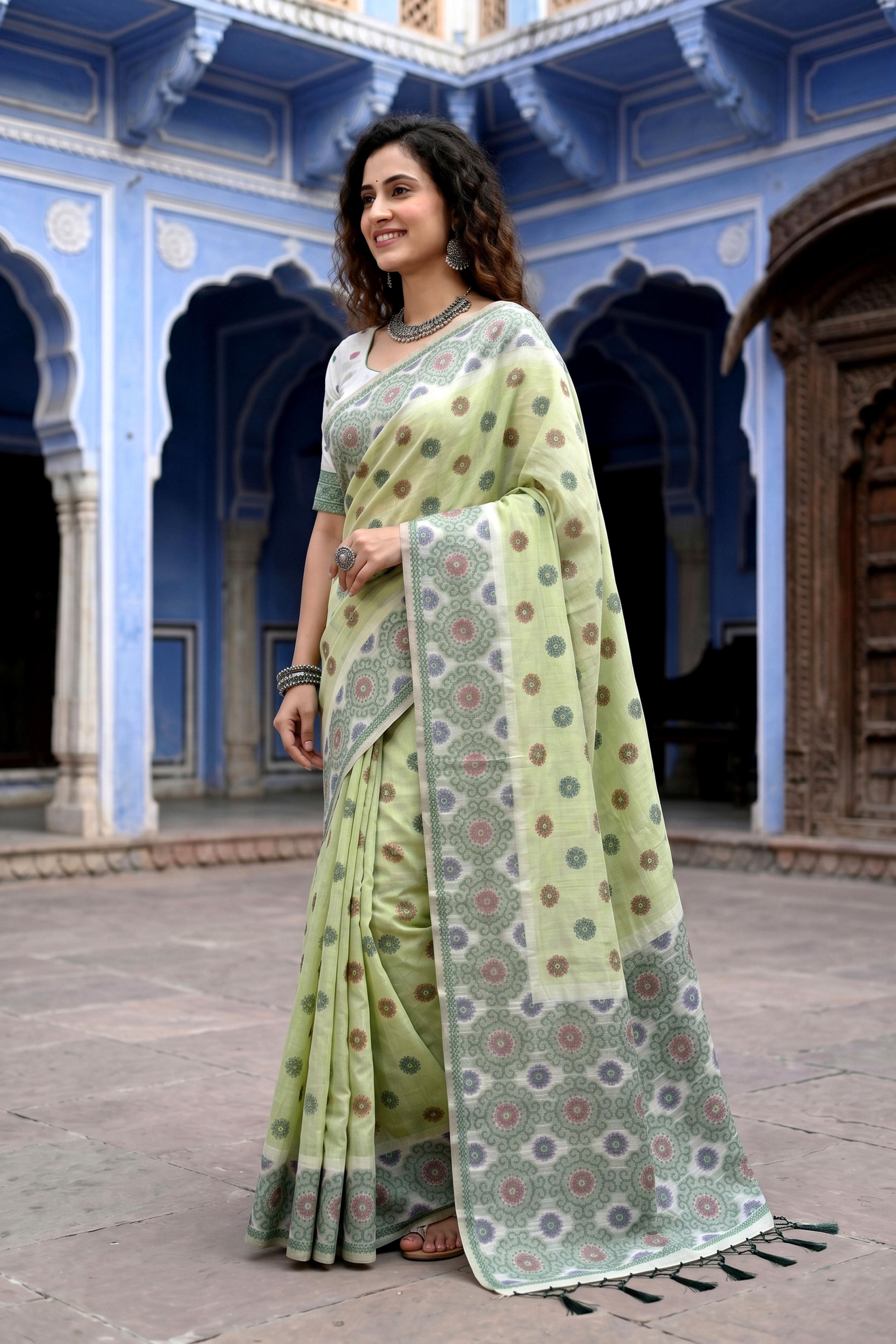 Sangam Prints Pastel Green Cotton Blend Woven Work Traditional Saree - Dista
