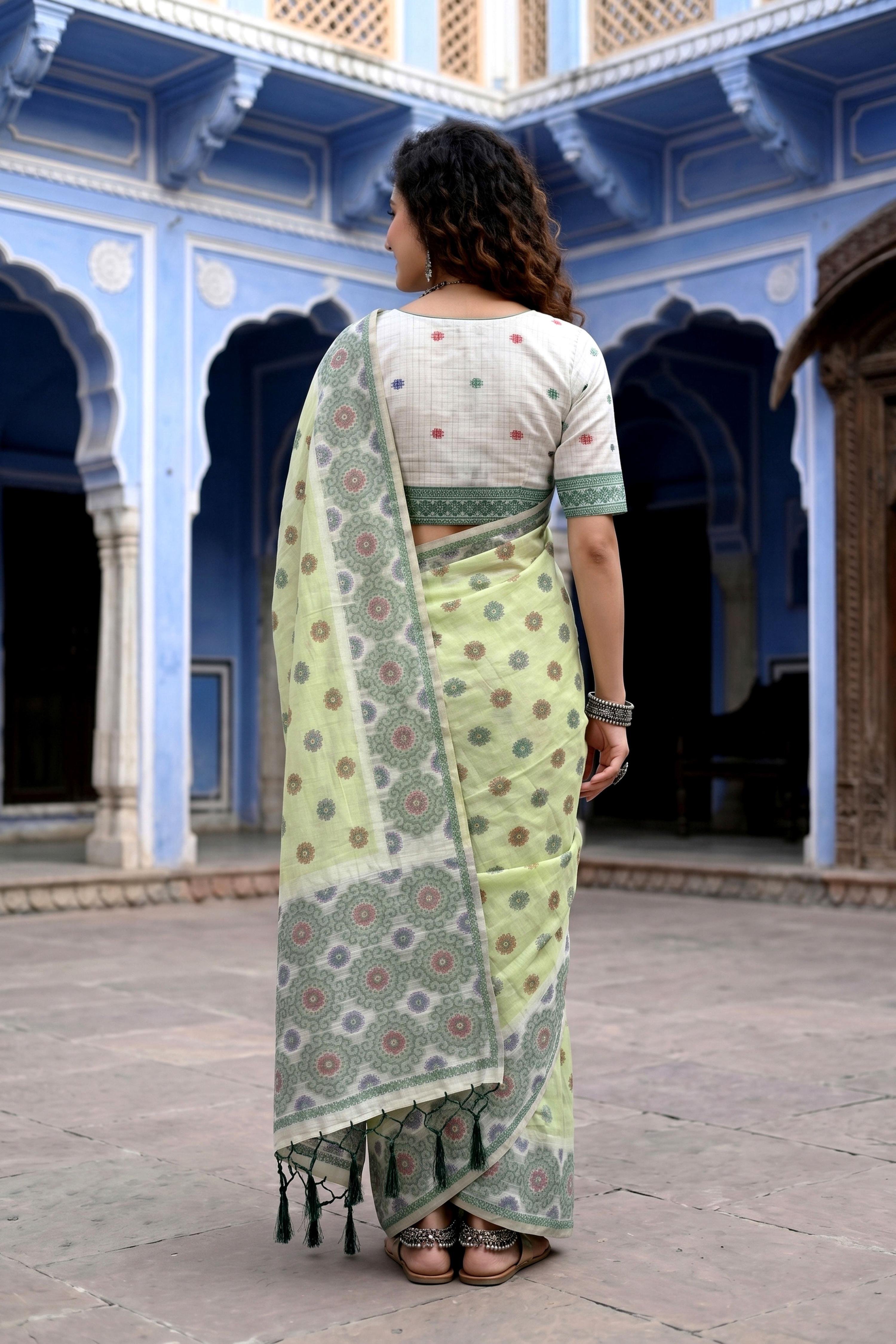 Sangam Prints Pastel Green Cotton Blend Woven Work Traditional Saree - Dista