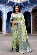 Thumbnail for Sangam Prints Pastel Green Cotton Blend Woven Work Traditional Saree - Dista