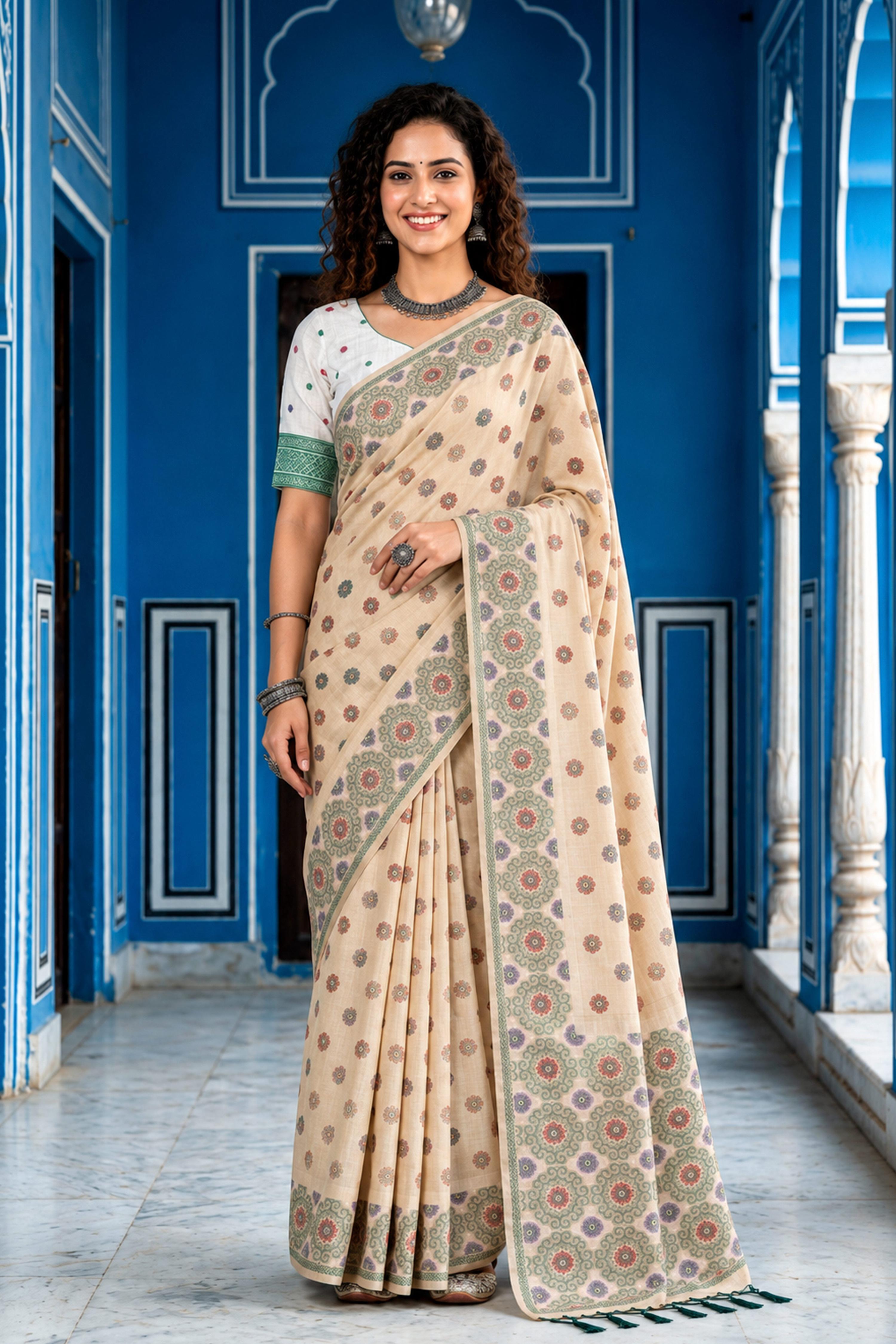 Sangam Prints Beige Cotton Blend Woven Work Traditional Saree - Dista